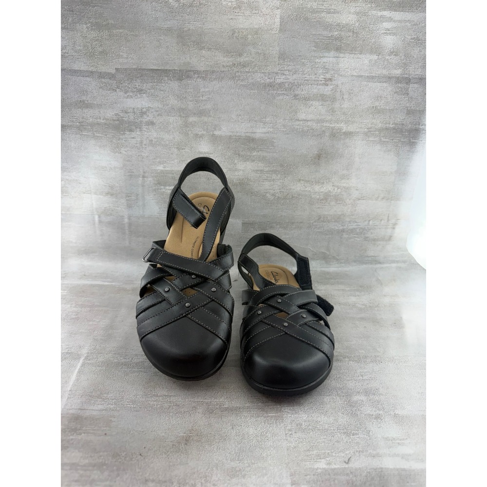 Clarks Collection Black Leather Strappy Fisherman Sandals Women Sz 6 M